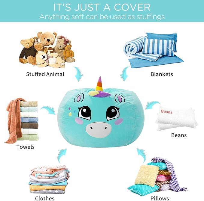 Aubliss Stuffed Animal Storage, Velvet Bean Bag Chairs Cover, Large 32" Ultra Soft Kids Toy Storage Organizer for Blankets Towels Clothes, Cyan Big Eyes - LeafyLoom