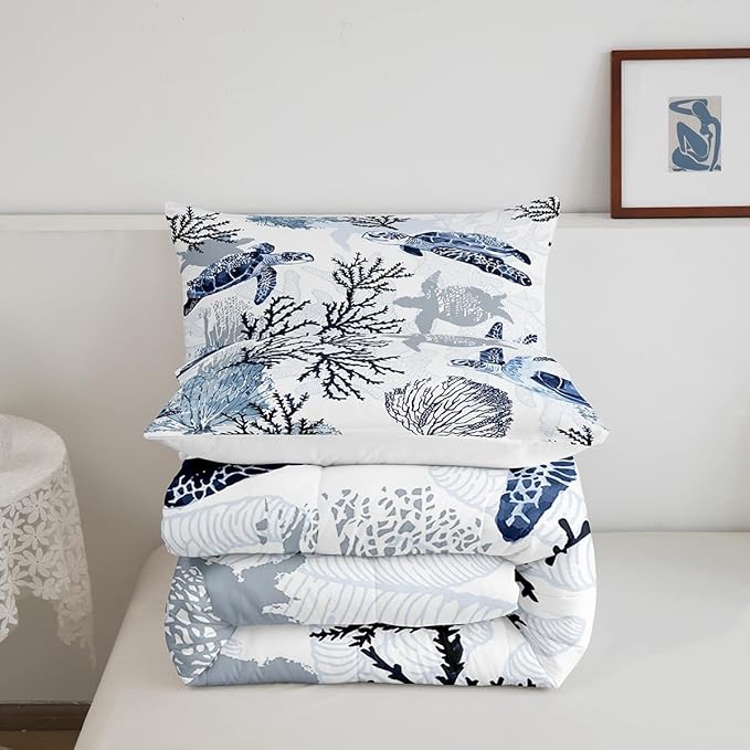 Turtle Comforter Set Full,White Blue Hawaiian Turtle Bedding for Kids,Reptile Tortoise Quilt Duvet Set Coastal Beach Theme Comforter Retro Sea Turtle Bed Set for Boys Girls Bedroom Decor(Marine life) - LeafyLoom