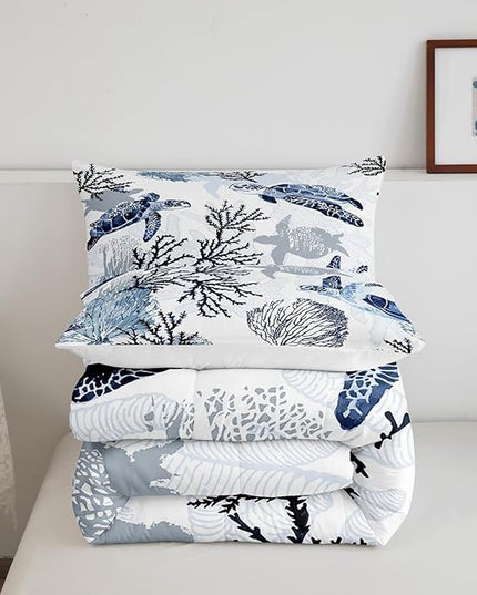 Turtle Comforter Set Queen,White Blue Hawaiian Turtle Bedding for Kids,Reptile Tortoise Quilt Duvet Set Coastal Beach Theme Comforter Retro Sea Turtle Bed Set for Boys Girls Bedroom Decor(Marine life) - LeafyLoom