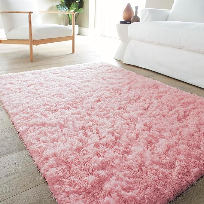 Ophanie 4x6 Pink Rugs for Bedroom Girls, Machine Washable Fluffy Shaggy Soft Cute Area Rug, Non-Slip Indoor Floor Carpet for Living Room, Kids Baby Teen Dorm Home Decor Aesthetic, Nursery - LeafyLoom