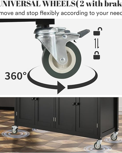 Rolling Kitchen Island with Storage Portable Kitchen Island On Wheels Black Large 54in Width Island with Storage Drawers Cabinet Spice Rack Towel Rack for Kitchen Dining Room - LeafyLoom