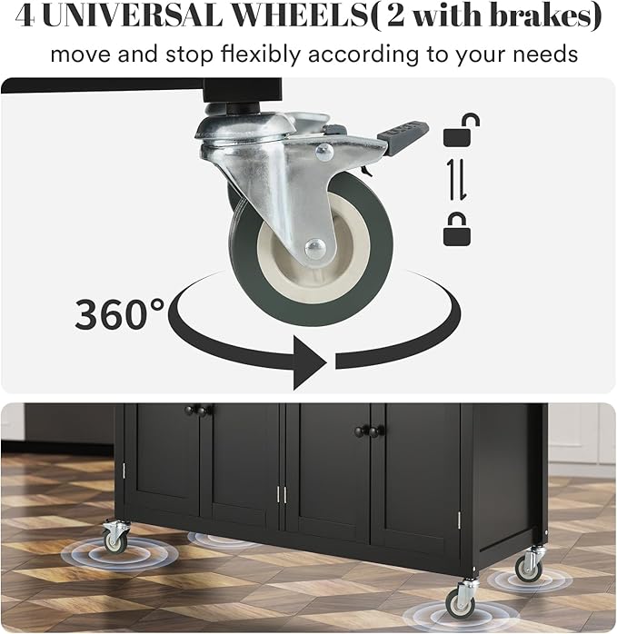 Rolling Kitchen Island with Storage Portable Kitchen Island On Wheels Black Large 54in Width Island with Storage Drawers Cabinet Spice Rack Towel Rack for Kitchen Dining Room - LeafyLoom