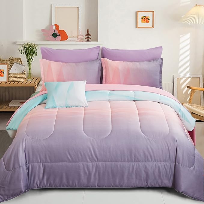 Girls Comforter Set Queen Size Colorful Ombre Blue Pink Purple Rainbow Bedding Set 7 Pieces Bed in A Bag for Kids Teen Girls Women with Comforter, Flat Sheet, Fitted Sheet - LeafyLoom