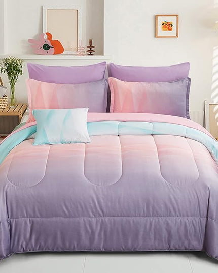 Girls Comforter Set Twin Size Colorful Ombre Blue Pink Purple Rainbow Bedding Set 6 Pieces Bed in A Bag for Kid Teen (1 Comforter, 1 Flat Sheet, 1 Fitted Sheet, 1 Pillow sham, 2 Pillowcases) - LeafyLoom