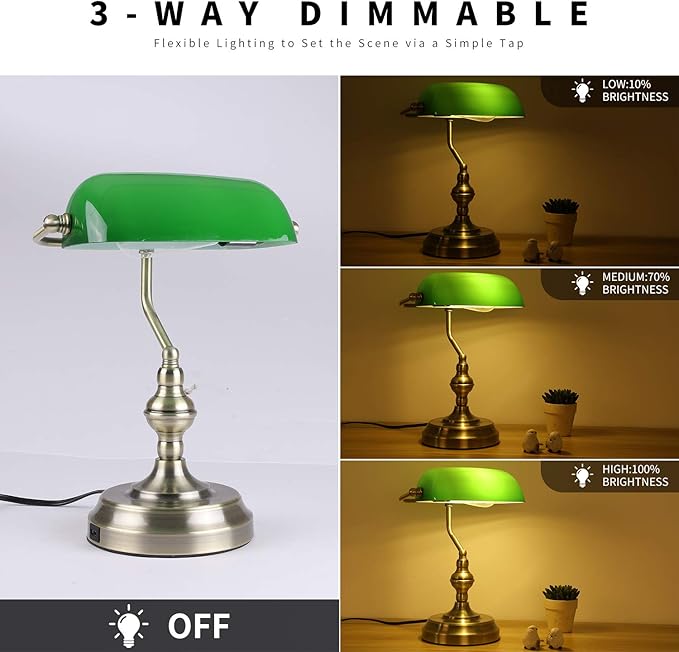 Green Glass Bankers Desk Lamp,Vintage Desk Lamp Touch Control, 3 Way Dimmable Table Lamp with USB Charging Port, Mid Century Banker's Desk Lamp for Home Office Library Antique Brass - LeafyLoom