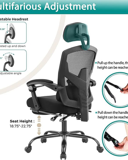 MCQ Office Computer Desk Chair, Gaming Chairs for Adults, High-Back Mesh Rolling Swivel Reclining Chairs with Wheels, Comfortable Lumbar Support, Comfy Arms for Home, Office, Gaming, Student, Black - LeafyLoom