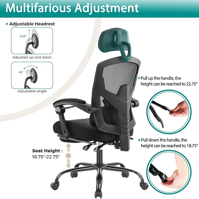 MCQ Office Computer Desk Chair, Gaming Chairs for Adults, High-Back Mesh Rolling Swivel Reclining Chairs with Wheels, Comfortable Lumbar Support, Comfy Arms for Home, Office, Gaming, Student, Black - LeafyLoom