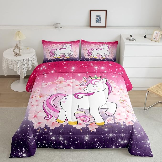 Unicorn Comforter Set Twin Glitter Bedding Set Cherry Blossoms Duvet Insert Kids Cartoon Kawaii Animal Down Comforter Ombre Galaxy Stars Fantasy Girls Room Decor Quilt Set Aesthetic Pink Purple - LeafyLoom