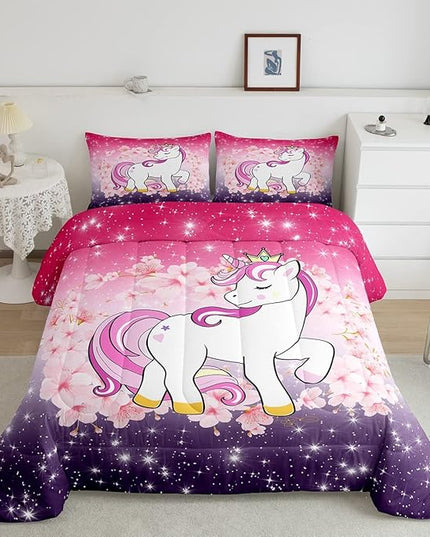 Unicorn Comforter Set Queen Glitter Bedding Set Cherry Blossoms Duvet Insert Kids Cartoon Kawaii Animal Down Comforter Ombre Galaxy Stars Fantasy Girls Room Decor Quilt Set Aesthetic Pink Purple - LeafyLoom