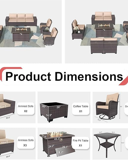 Patio Furniture Sectional Sofa Set 10-Pieces PE Rattan Swivel Rocking Chairs Outdoor Furniture Set w/43in Gas Fire Pit Table, Patio Conversation with 55000 BTU Propane Fire Pit, Sand - LeafyLoom