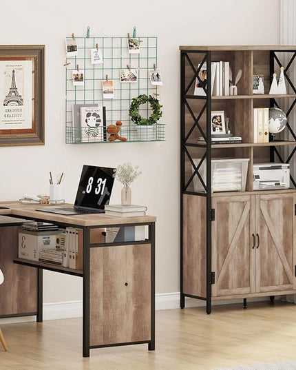 FATORRI Bookshelf with Doors, Rustic Tall Bookshelf with Cabinet, Industrial Farmhouse Book Shelf and Cube Organizer Bookcase for Living Room (Rustic Oak) - LeafyLoom