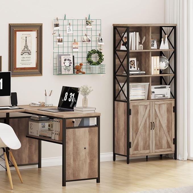 FATORRI Bookshelf with Doors, Rustic Tall Bookshelf with Cabinet, Industrial Farmhouse Book Shelf and Cube Organizer Bookcase for Living Room (Rustic Oak) - LeafyLoom