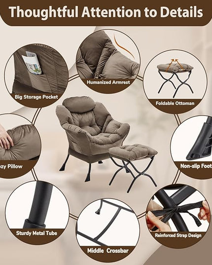 Lazy Chair with Folding Ottoman, Accent Chair Velvet Upholstered with Metal Structure and Non-Slip Pads, Sofa Armchair with Footrest and Side Storage Bag for Dorm, Room, Office, Dark Gray - LeafyLoom