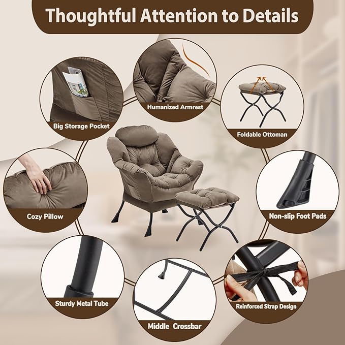 Lazy Chair with Folding Ottoman, Accent Chair Velvet Upholstered with Metal Structure and Non-Slip Pads, Sofa Armchair with Footrest and Side Storage Bag for Dorm, Room, Office, Dark Gray - LeafyLoom