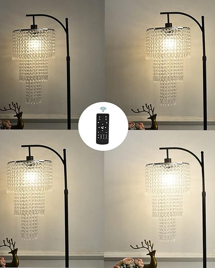 Arc Floor Lamps for Living Room Modern Crystal Floor Lamp with Remote Control,Dimmable LED Floor Lamp Crystal Lampshade Black Standing Lamp with 10 Color Temperature Tall Floor Lamp For Bedroom Corner - LeafyLoom