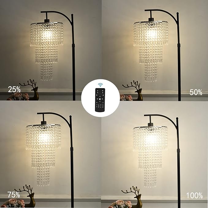 Arc Floor Lamps for Living Room Modern Crystal Floor Lamp with Remote Control,Dimmable LED Floor Lamp Crystal Lampshade Black Standing Lamp with 10 Color Temperature Tall Floor Lamp For Bedroom Corner - LeafyLoom