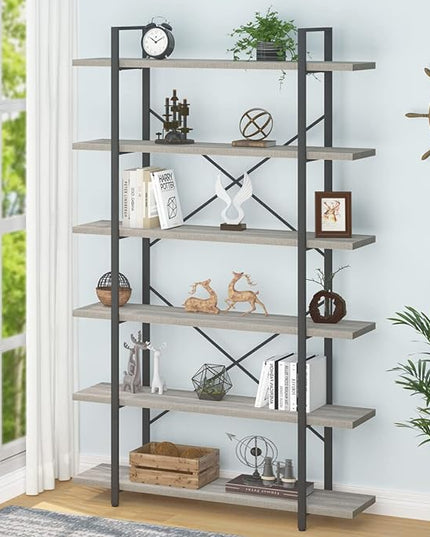 HSH 6 Tier Tall Bookshelf, Wood and Metal Vertical Display Book Shelf, Industrial 6 Shelf Bookcases and Book Shelves Storage Rack, Large Open Book Case for Bedroom Living Room Office, Light Grey Oak - LeafyLoom