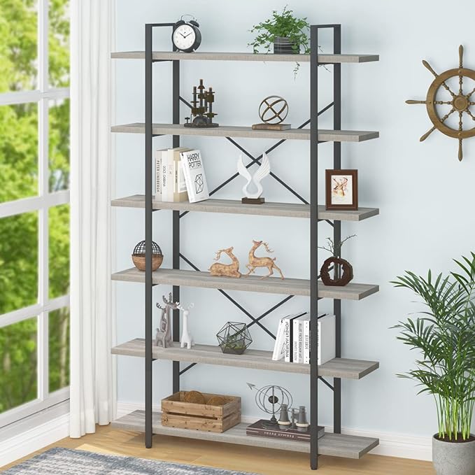 HSH 6 Tier Tall Bookshelf, Wood and Metal Vertical Display Book Shelf, Industrial 6 Shelf Bookcases and Book Shelves Storage Rack, Large Open Book Case for Bedroom Living Room Office, Light Grey Oak - LeafyLoom