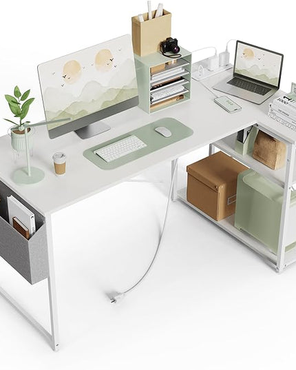 Small Computer Desk with Power Outlets, 40 Inch L Shaped Desk with Reversible Shelves, Gaming Desk Corner Desk Study Writing Desk for Home Office Bedroom Small Space, White - LeafyLoom