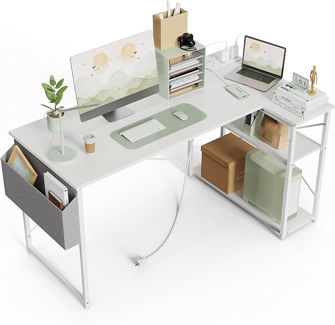 Small Computer Desk with Power Outlets, 40 Inch L Shaped Desk with Reversible Shelves, Gaming Desk Corner Desk Study Writing Desk for Home Office Bedroom Small Space, White - LeafyLoom