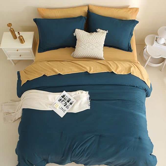 MILDLY King Size Comforter Set 7 Piece Color Clash, Peacock Blue Bed in a Bag, All Season Bedding Sets with 1 Comforter, 2 Pillow Shams, 2 Pillowcases, 1 Flat Sheet, 1 Fitted Sheet - LeafyLoom