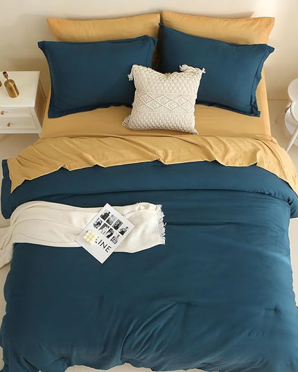 MILDLY California King Size Comforter Set 7 Piece Color Clash, Peacock Blue Bed in a Bag, All Season Bedding Sets with 1 Comforter, 2 Pillow Shams, 2 Pillowcases, 1 Flat Sheet, 1 Fitted Sheet - LeafyLoom