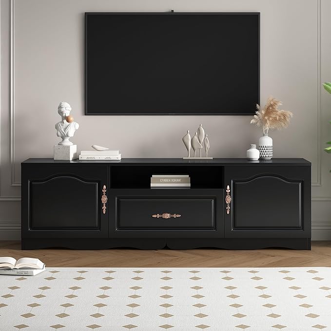 Merax Modern TV Stand for 60"+ Televisions with 1 Shelf, 2, 1 Drawer, Storage Console Cabinet Furniture for Living Room, 65.0 inch Length, Black - LeafyLoom