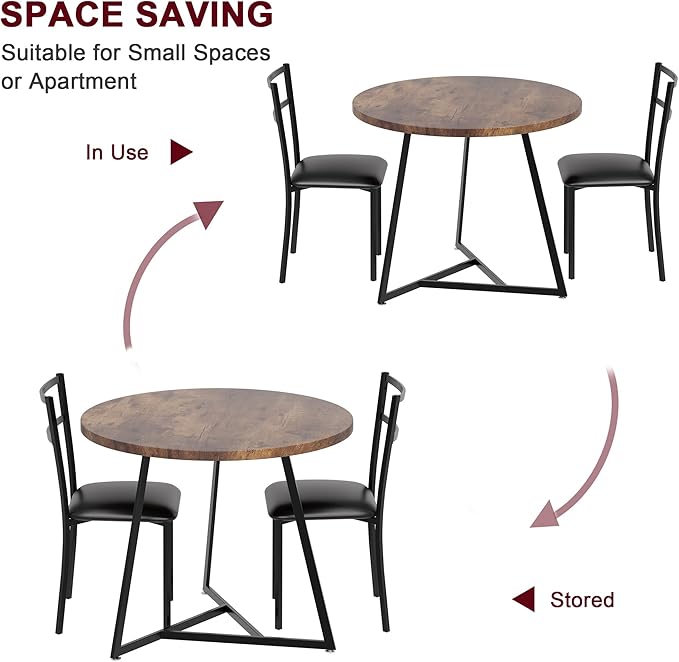 GAOMON Dining Table Set for 2, Kitchen Table and Chairs for 2 with Upholstered Chairs, 3 Piece Dining Room Table Set, Round Kitchen Table Set for Small Space, Apartment, Studio, Rustic Brown - LeafyLoom