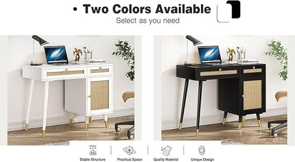 Anmytek Rattan Vanity Desk with Drawers and Storage, Black Makeup Vanity Table Modern Home Office Desk Computer Desk for Study D0005 - LeafyLoom