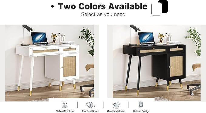 Anmytek Rattan Vanity Desk with Drawers and Storage, Black Makeup Vanity Table Modern Home Office Desk Computer Desk for Study D0005 - LeafyLoom
