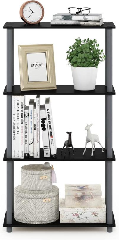 Furinno (99557BK/GY) Turn-N-Tube 4-Tier Multipurpose Shelf Display Rack - Black/Grey - LeafyLoom
