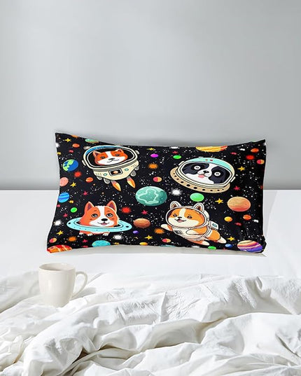 Space Dog Comforter Set - Cute Dog Twin Bedding Set for Kids Girls Boys Cartoon Dog Astronaut Prints Comforter Set Funny Outer Space Dog Bedding Sets for Kids Room Decor, 1 Comforter+1 Pillowcase - LeafyLoom