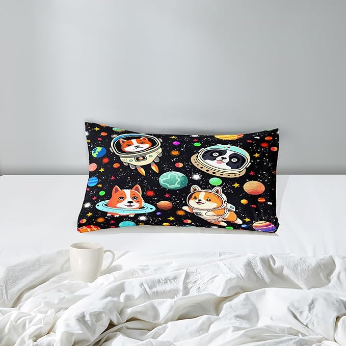 Space Dog Comforter Set - Cute Dog Twin Bedding Set for Kids Girls Boys Cartoon Dog Astronaut Prints Comforter Set Funny Outer Space Dog Bedding Sets for Kids Room Decor, 1 Comforter+1 Pillowcase - LeafyLoom