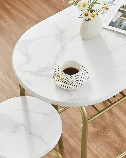 VECELO 3-Piece Dining Table Set for Kitchen Breakfast Nook, Wood Grain Oval Tabletop and Metal Frame with Built-in Wine Rack, for Small Spaces, 31.5", White & Gold - LeafyLoom