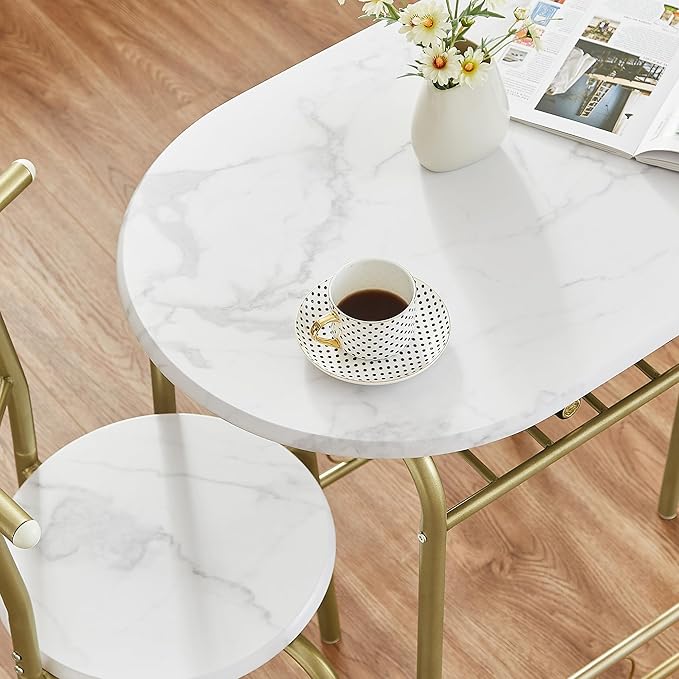 VECELO 3-Piece Dining Table Set for Kitchen Breakfast Nook, Wood Grain Oval Tabletop and Metal Frame with Built-in Wine Rack, for Small Spaces, 31.5", White & Gold - LeafyLoom
