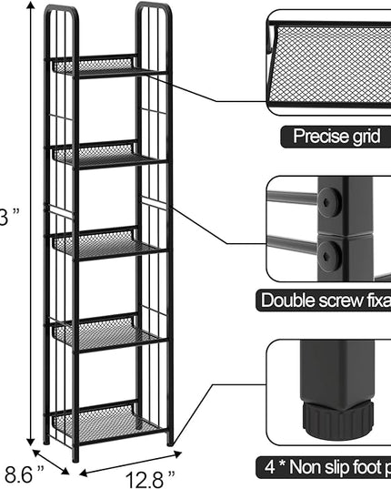 Bookshelf Storage Shelf Bookcase Freestanding Storage Stand for Living Room, Bedroom, Kitchen Rust Resistance Easy Assembly Free Combination Multi-Functional Organizer (5 Tiers, Black) - LeafyLoom