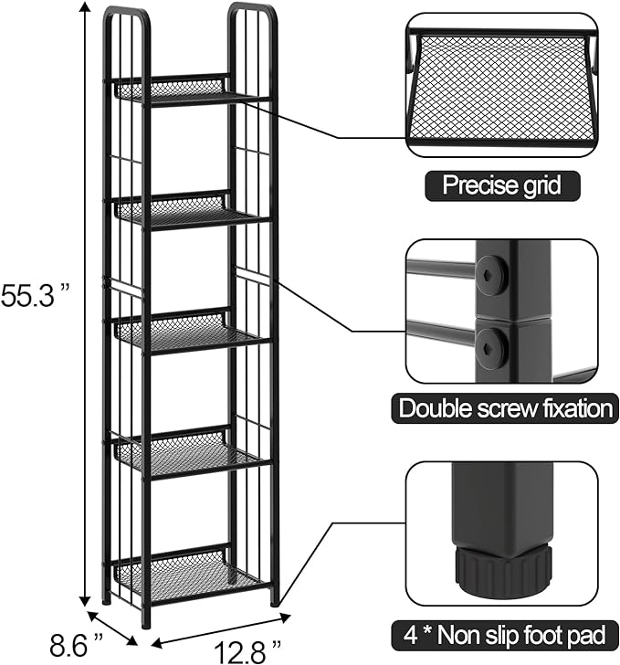 Bookshelf Storage Shelf Bookcase Freestanding Storage Stand for Living Room, Bedroom, Kitchen Rust Resistance Easy Assembly Free Combination Multi-Functional Organizer (5 Tiers, Black) - LeafyLoom