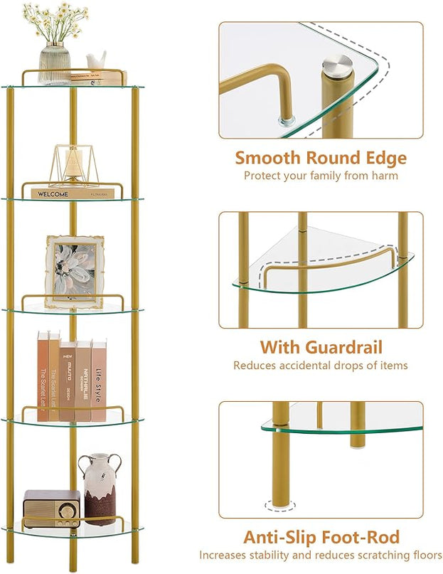 5-Tier Corner Shelf Stand, Gold Corner Bookshelf, Bathroom Organizer, Plant Stand, Tempered Glass Shelves, Modern Style for Living Room, Bedroom, Kitchen, Home Office, Metallic Gold - LeafyLoom