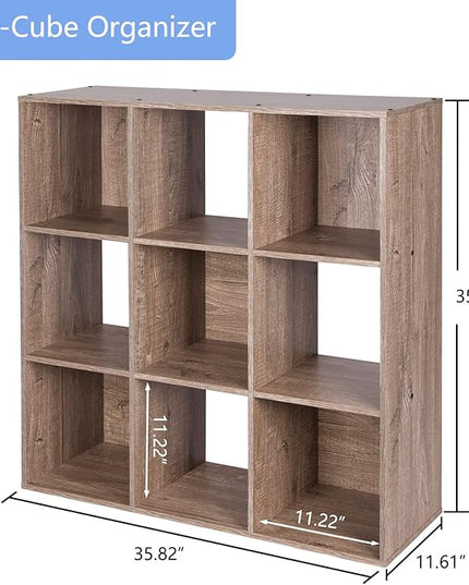 PACHIRA US 9 Cube Storage Organizer, Wood Display Shelf, Free Standing Cubby Bookcase Cabinet Divider Bookshelf for 11 Inch Storage Basket, Rustic Brown Oak - LeafyLoom