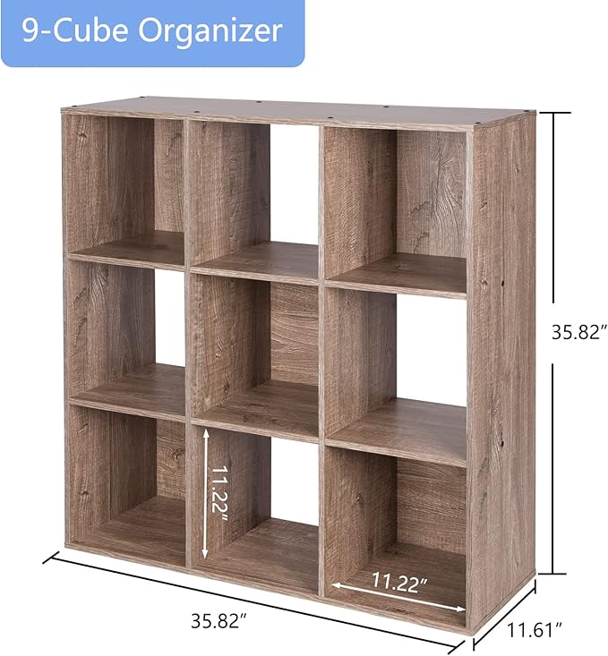 PACHIRA US 9 Cube Storage Organizer, Wood Display Shelf, Free Standing Cubby Bookcase Cabinet Divider Bookshelf for 11 Inch Storage Basket, Rustic Brown Oak - LeafyLoom