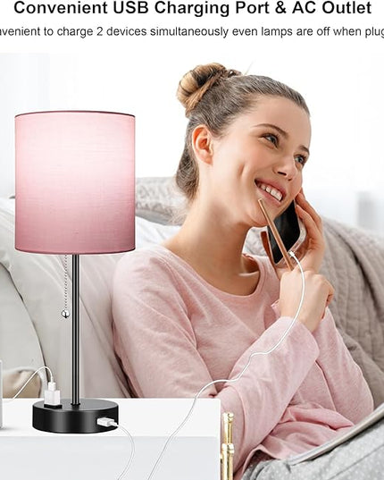 WIHTU 3 Color Temperature Bedside Table Lamps Set of 2, Modern Small Lamp with USB and Outlet, Bedroom Lamp for Nightstand with Chain Switch, Pink Desk Lamp for Living Room, Two Bulbs Included - LeafyLoom