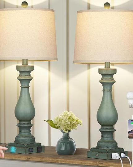 29" Tall Table Lamp for living room set of 2,Vintage Bedside Nightstand Lamps with USB C+A Ports & AC Outlet,3-Way Dimmable Touch Control Retro Green Desk Lamp for Bedroom,color 4 - LeafyLoom