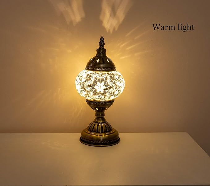 Turkish Mosaic Lamp Bohemian Tiffany Style Stained Glass Bedside Lamp for Bedroom (White) - LeafyLoom