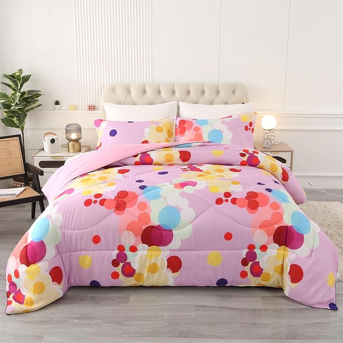 ENCOFT Pink Comforter Set Queen for Girls and Boys, Premium 3 Piece Colorful Bubbles Bedding Set Color, Comfortable and Breathable for Teens and Adults, 1 Comforter and 2 Pillowcases - LeafyLoom