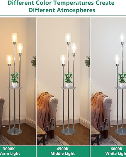 HMVPL Crystal Floor Lamps for Living Room, Modern Floor Lamp with Shelves, 3-Lights Standing Lamp with Crystal Shade, On/Off Foot Switch, Silver Corner Floor Lamp for Bedroom Living Room Office(66") - LeafyLoom