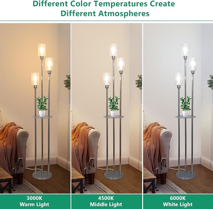 HMVPL Crystal Floor Lamps for Living Room, Modern Floor Lamp with Shelves, 3-Lights Standing Lamp with Crystal Shade, On/Off Foot Switch, Silver Corner Floor Lamp for Bedroom Living Room Office(66") - LeafyLoom