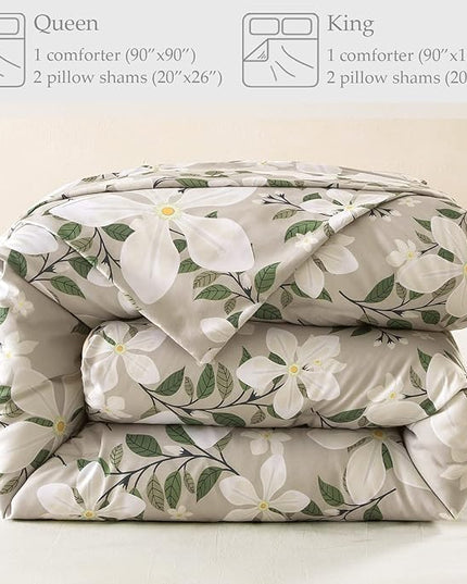 Whale Flotilla Queen Full Comforter Set, Soft Reversible Beige Bedding Comforter Set with Botanical Pattern, 1 Micoriber Printed Comforter and 2 Pillow Shams, 3 Pieces - LeafyLoom