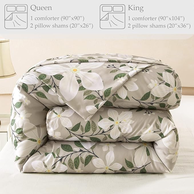 Whale Flotilla Queen Full Comforter Set, Soft Reversible Beige Bedding Comforter Set with Botanical Pattern, 1 Micoriber Printed Comforter and 2 Pillow Shams, 3 Pieces - LeafyLoom