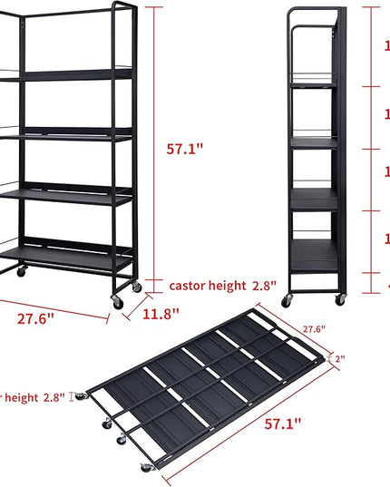 No-Assembly Folding Bookshelf Storage Rack Shelves with Castors 4 Tiers Vintage Bookcase Standing Racks Multifunctional Plant Flower Stand Study Organizer for Home Office (Metal,Deep Grey) - LeafyLoom