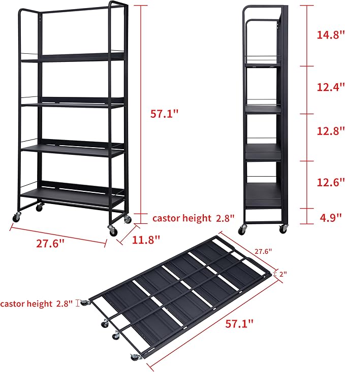 No-Assembly Folding Bookshelf Storage Rack Shelves with Castors 4 Tiers Vintage Bookcase Standing Racks Multifunctional Plant Flower Stand Study Organizer for Home Office (Metal,Deep Grey) - LeafyLoom